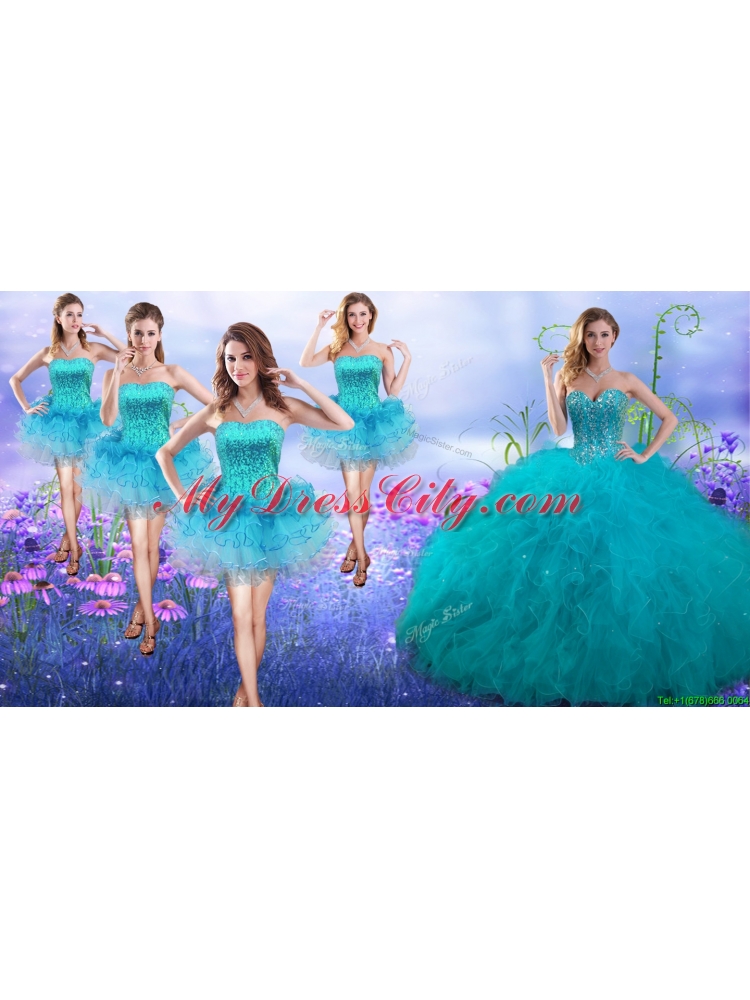 New Arrivals Teal Really Puffy Quinceanera Dress and Gorgeous Sequined and Ruffled Layers Dama Dresses