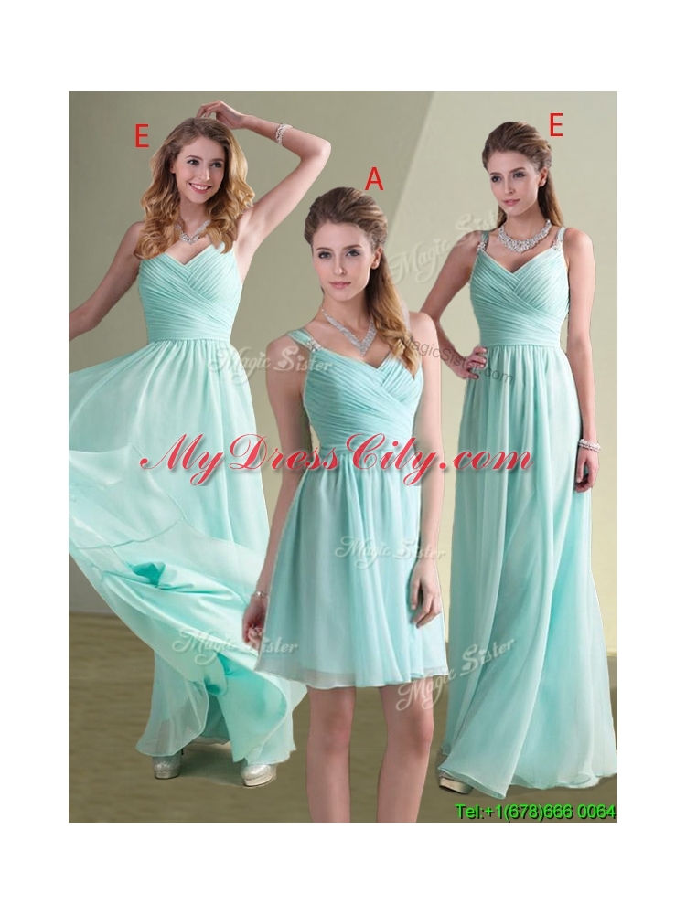 Cheap Straps Beaded and Ruched Aqua Blue Dama Dress in Chiffon