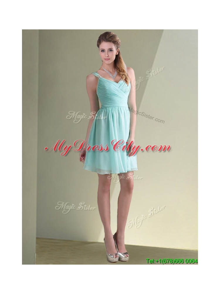 Cheap Straps Beaded and Ruched Aqua Blue Dama Dress in Chiffon