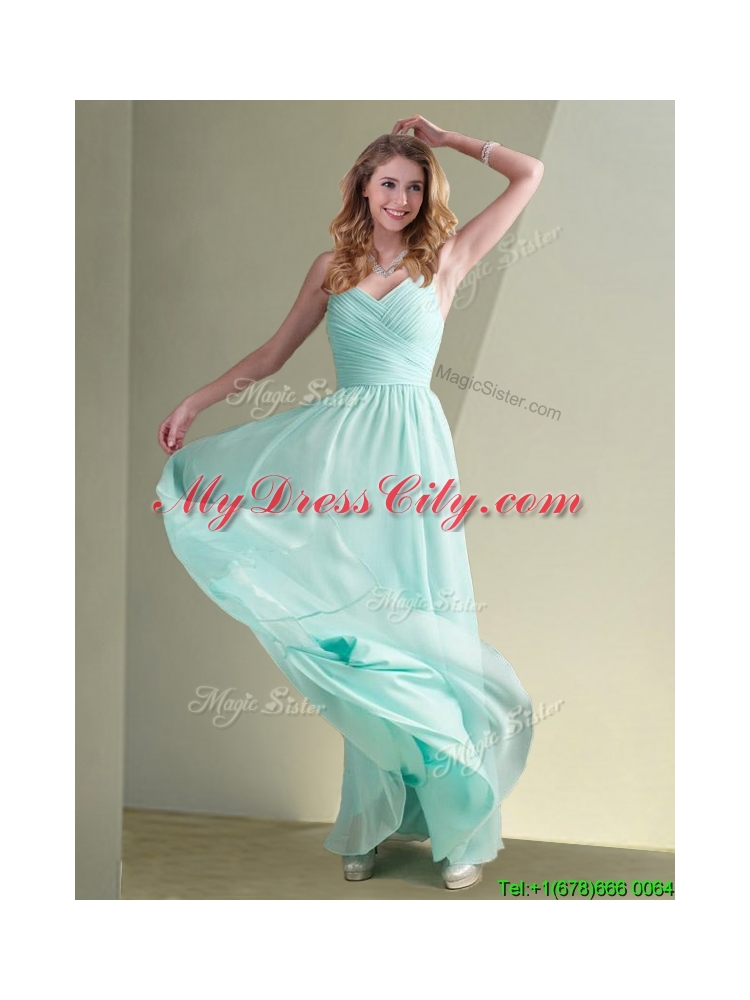 Cheap Straps Beaded and Ruched Aqua Blue Dama Dress in Chiffon