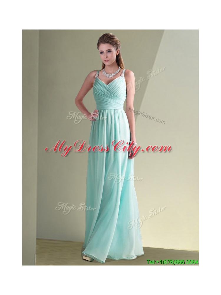 Cheap Straps Beaded and Ruched Aqua Blue Dama Dress in Chiffon