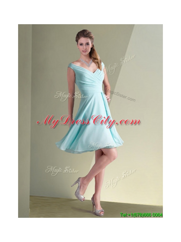 Elegant Empire Ruched Decorated Chiffon  Bridesmaid Dresses in Aqua Blue