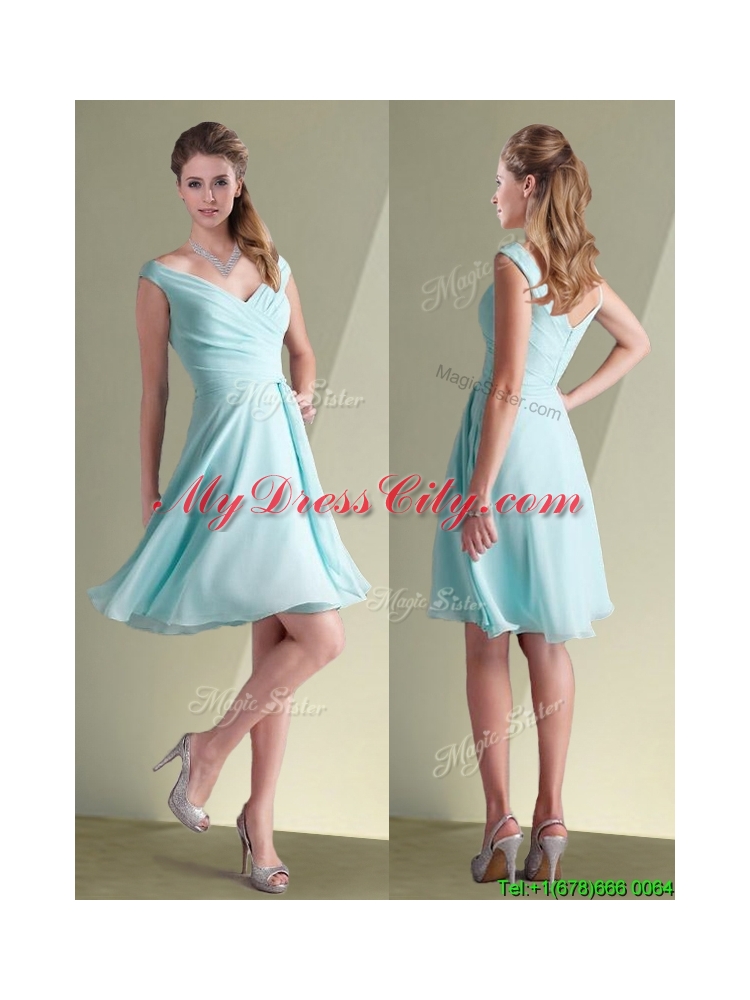 Lovely Chiffon Off the Shoulder Aqua Blue Bridesmaid Dresses with Ruching