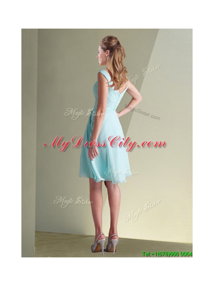 Lovely Chiffon Off the Shoulder Aqua Blue Bridesmaid Dresses with Ruching