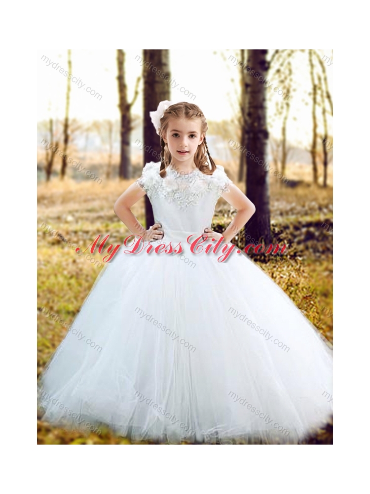 Cheap Scoop Really Puffy Flower Girl Dress with Hand Made Flowers and Appliques