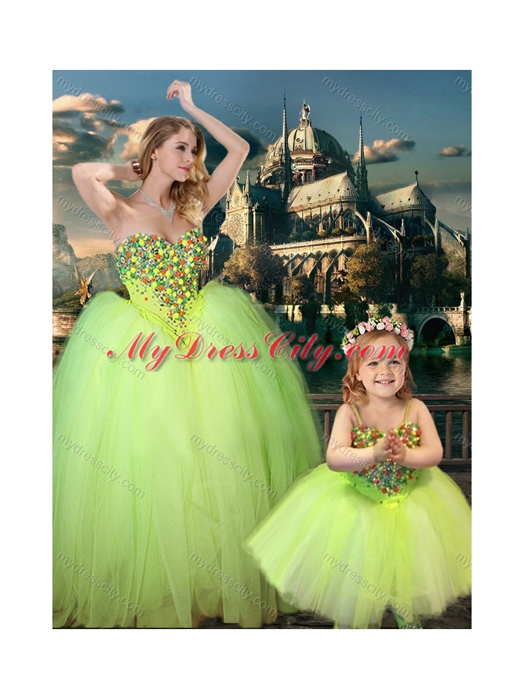 Designer Beaded Really Puffy Prom Dress in Yellow Green and Classical Spaghetti Straps Little Girl Dress with Beading