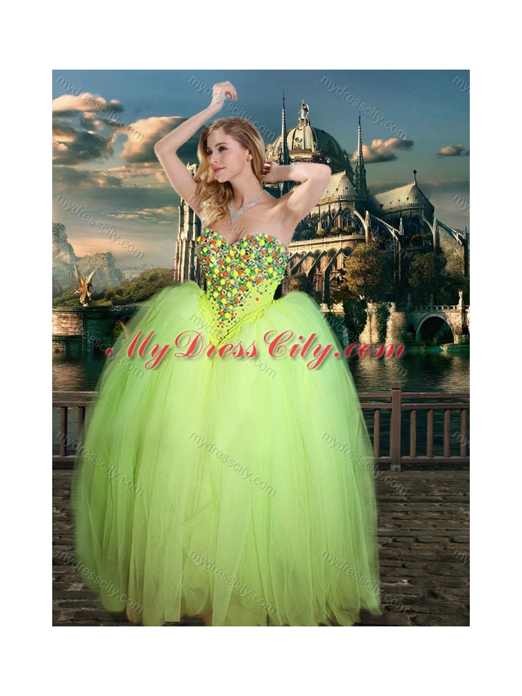 Designer Beaded Really Puffy Prom Dress in Yellow Green and Classical Spaghetti Straps Little Girl Dress with Beading