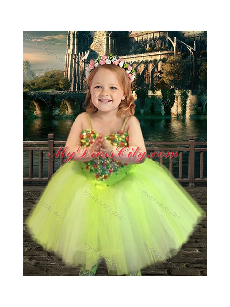 Designer Beaded Really Puffy Prom Dress in Yellow Green and Classical Spaghetti Straps Little Girl Dress with Beading