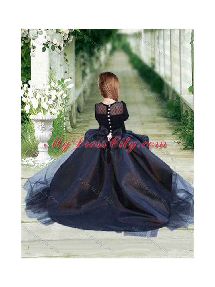 Designer High Low Navy Blue Prom Dress with Bateau and Gorgeous See Through 3/4 Length Sleeves Little Girl Dress with Scoop and New Style High Low Tobbler Dress with Long Sleeves