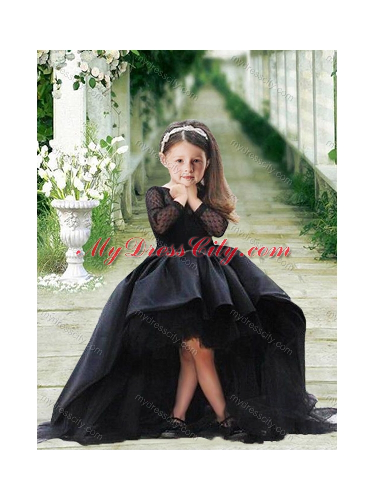 Designer High Low Navy Blue Prom Dress with Bateau and Gorgeous See Through 3/4 Length Sleeves Little Girl Dress with Scoop and New Style High Low Tobbler Dress with Long Sleeves