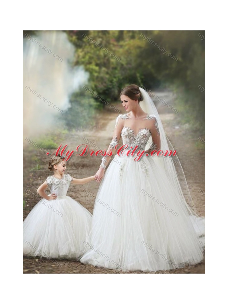 New Style See Through Long Sleeves Wedding Dresses with Appliques and Lovely Big Puffy Flower Girl Dress with Hand Made Flowers