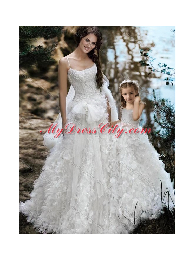 New Style Spaghetti Straps Wedding Dresses with Ruffles and Beautiful Straps Flower Girl Dress with Bowknot