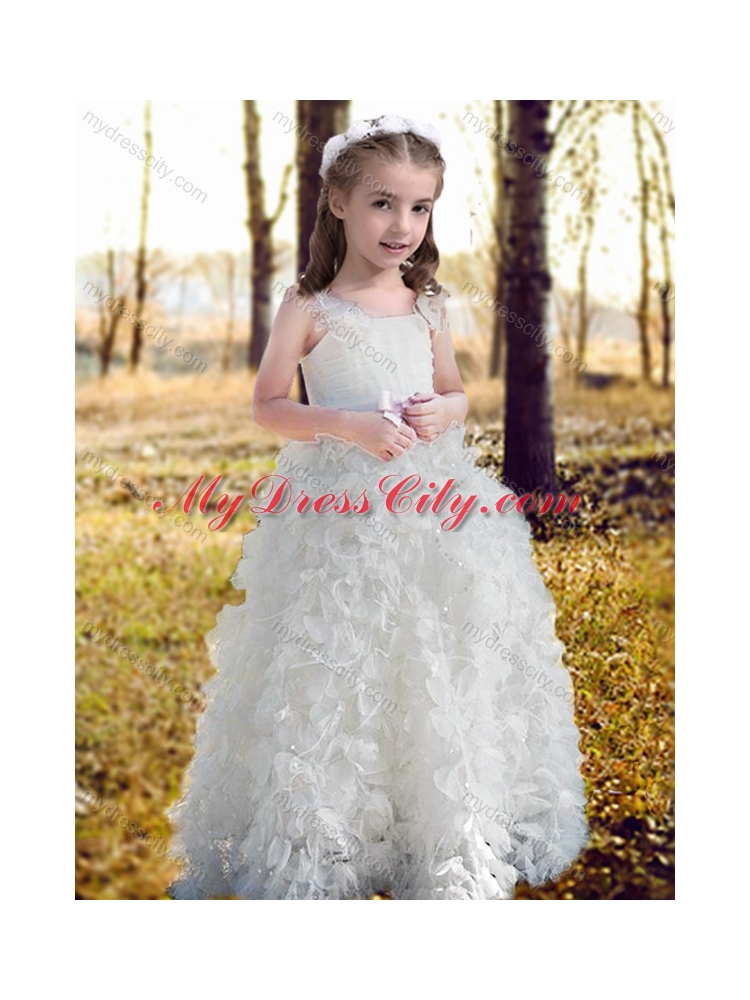 New Style Spaghetti Straps Wedding Dresses with Ruffles and Beautiful Straps Flower Girl Dress with Bowknot