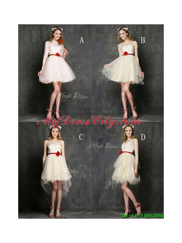 2016 Most Popular Champagne Mini Length Bridesmaid Dress with Belt