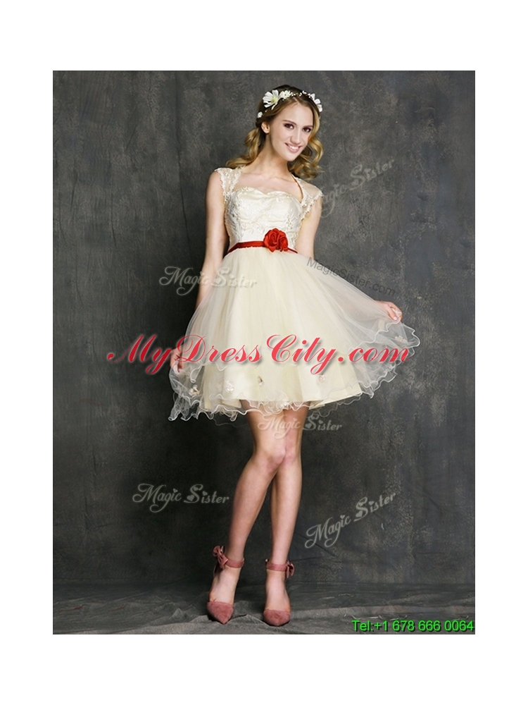 2016 Most Popular Champagne Mini Length Bridesmaid Dress with Belt