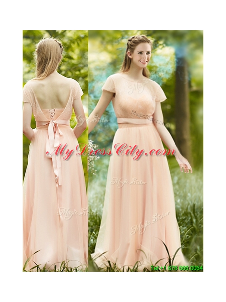 Elegant See Through Scoop Short Sleeves Bridesmaid Dress in Peach