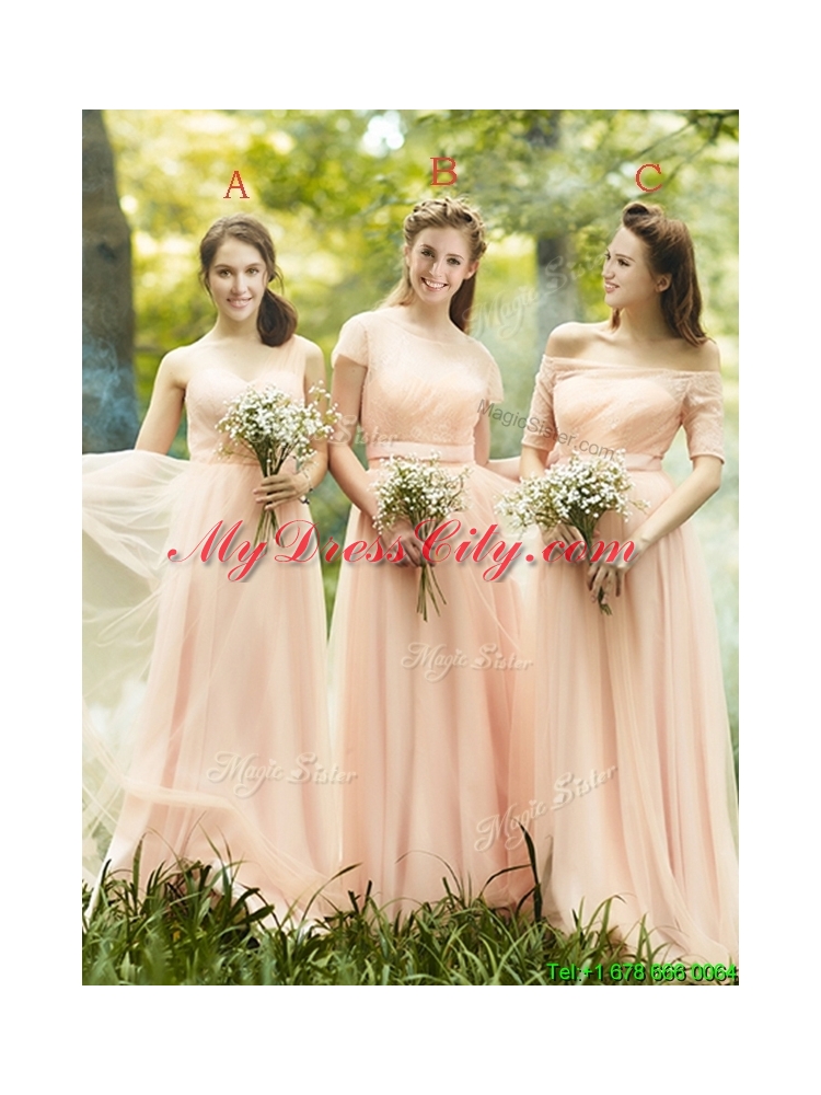 Elegant See Through Scoop Short Sleeves Bridesmaid Dress in Peach