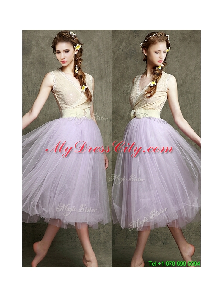 2016 New Style Lavender V Neck Bridesmaid Dress with Bowknot and Belt