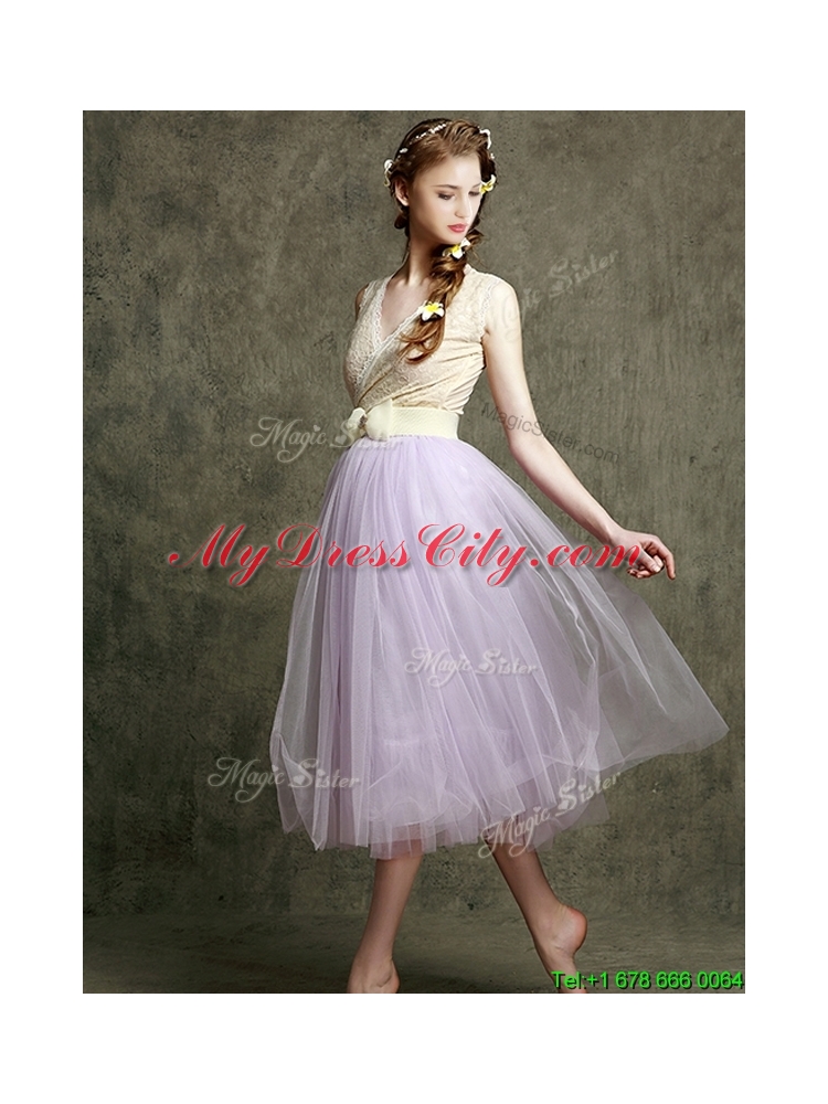 2016 New Style Lavender V Neck Bridesmaid Dress with Bowknot and Belt