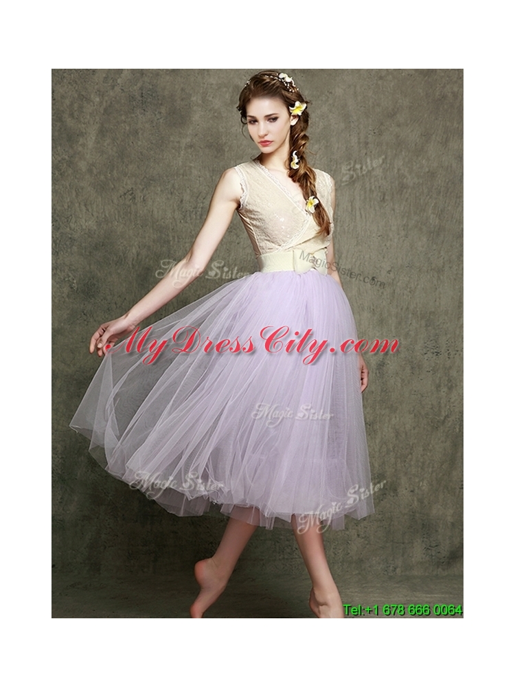 2016 New Style Lavender V Neck Bridesmaid Dress with Bowknot and Belt