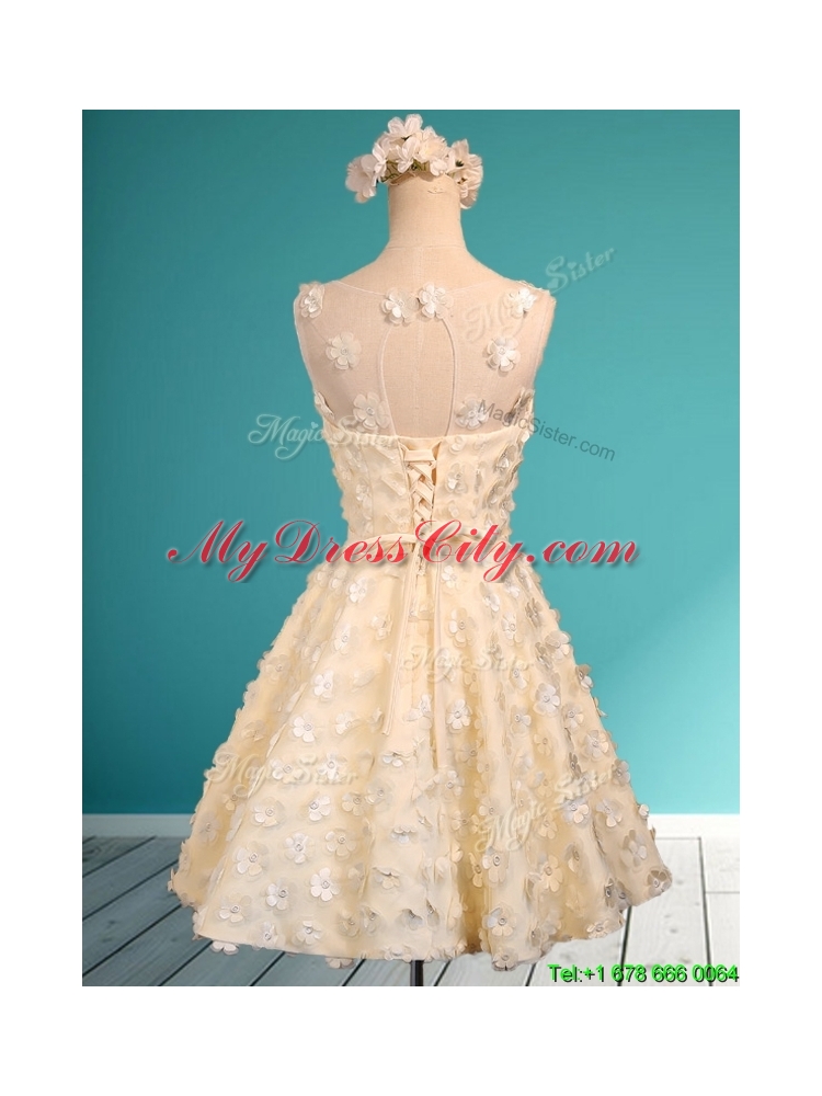 2016 Best Scoop Champagne Short Dama Dress with Appliques and Belt