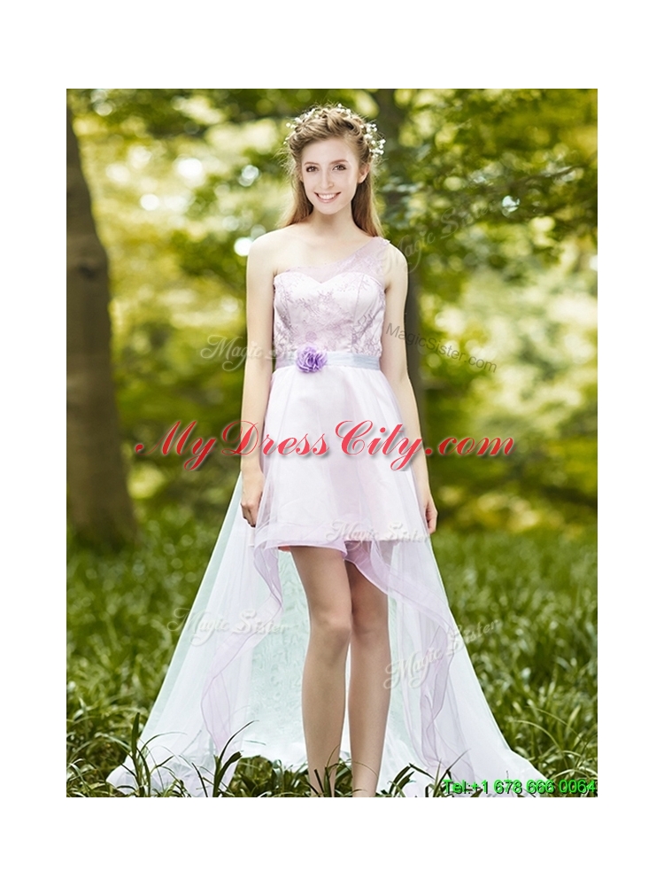 2016 Comfortable One Shoulder High Low Dama Dress with Sashes and Lace