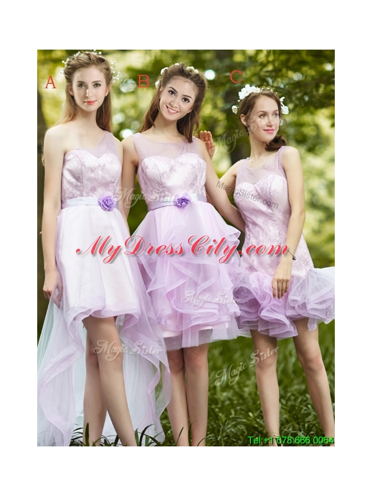 2016 Comfortable One Shoulder High Low Dama Dress with Sashes and Lace