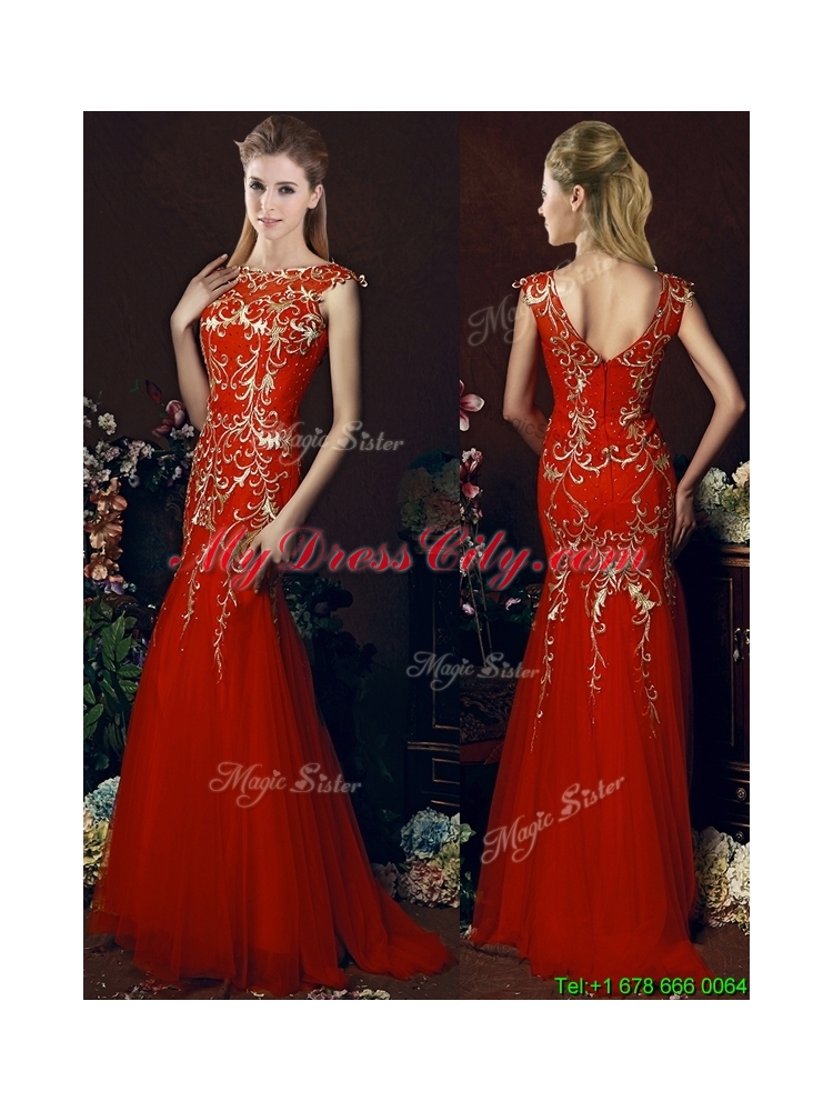 2016 Elegant Mermaid Red Bridesmaid Dress with Gold Sequined Appliques