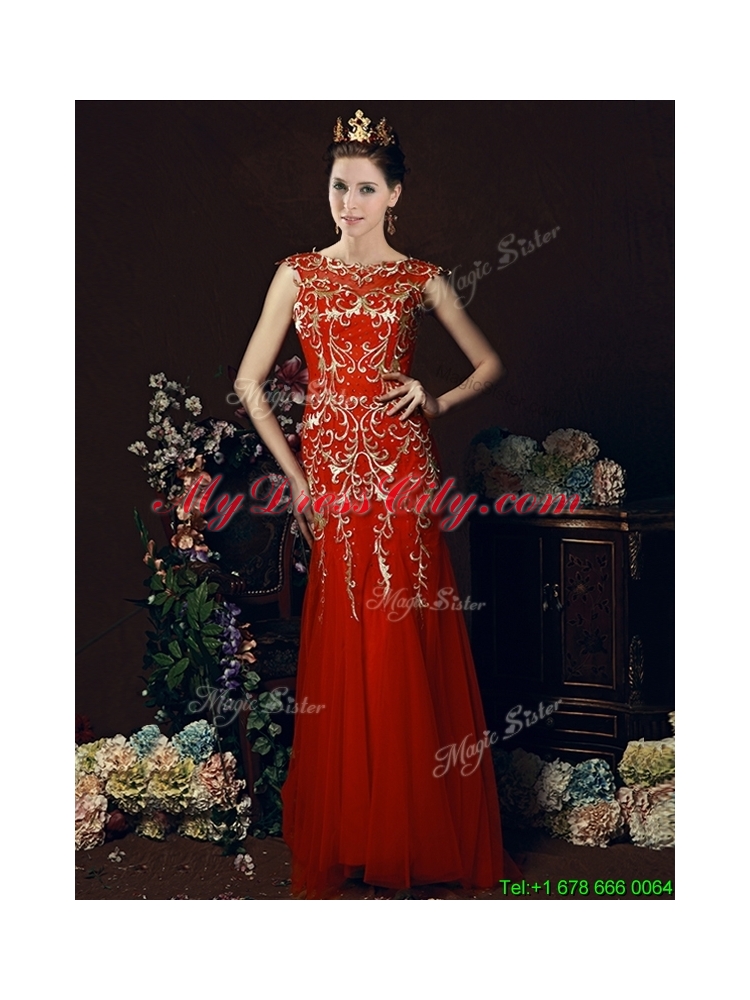 2016 Elegant Mermaid Red Bridesmaid Dress with Gold Sequined Appliques