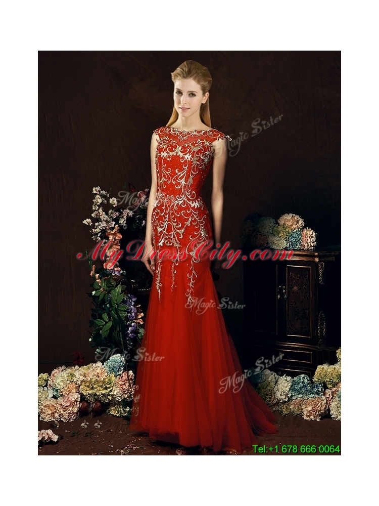 2016 Elegant Mermaid Red Bridesmaid Dress with Gold Sequined Appliques