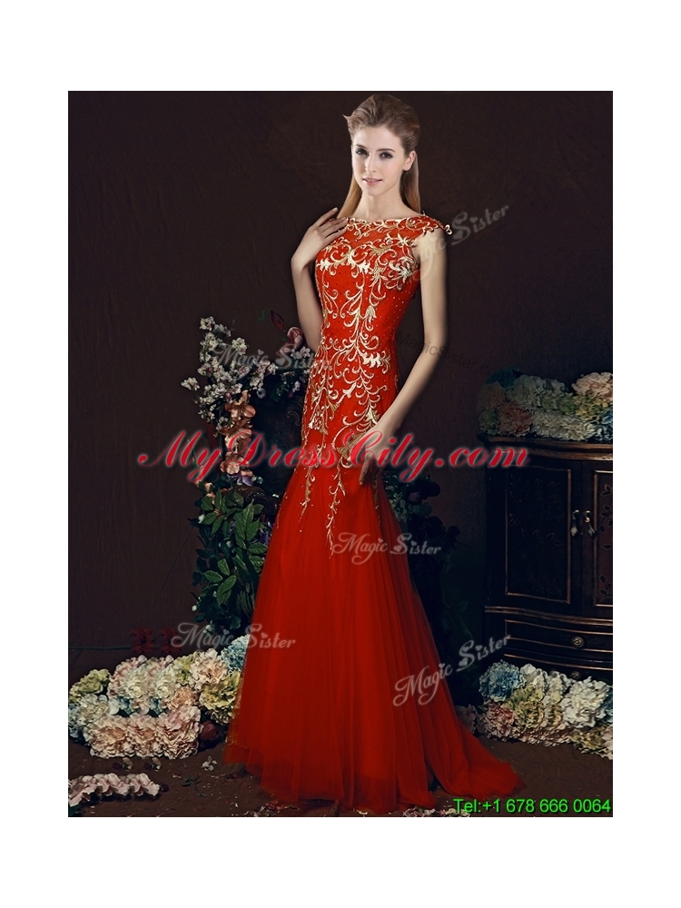 2016 Elegant Mermaid Red Bridesmaid Dress with Gold Sequined Appliques