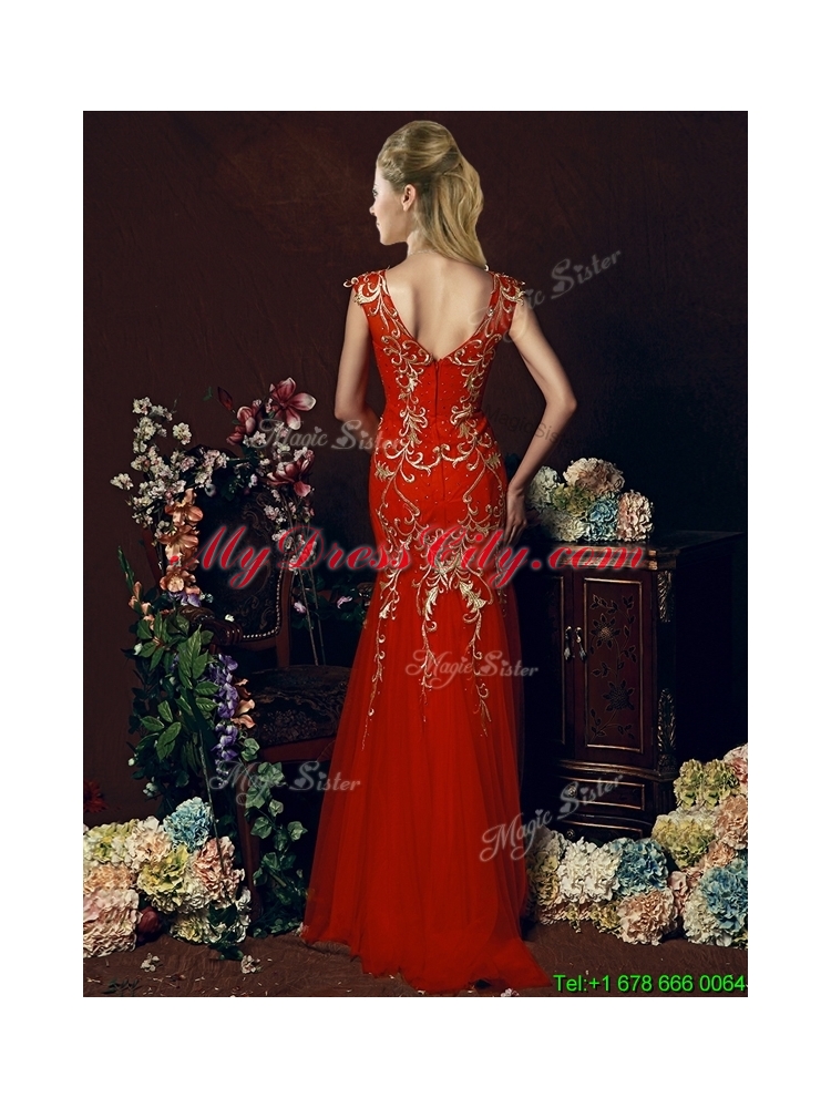 2016 Elegant Mermaid Red Bridesmaid Dress with Gold Sequined Appliques