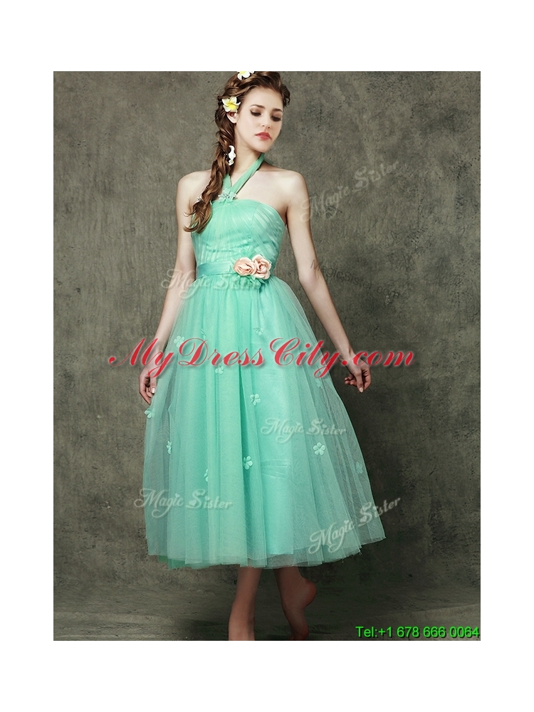 2016 Exclusive Hand Made Flowers Ankle Length Dama Dress in Apple Green