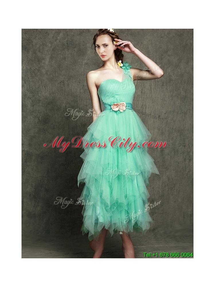 2016 Exclusive Hand Made Flowers Ankle Length Dama Dress in Apple Green