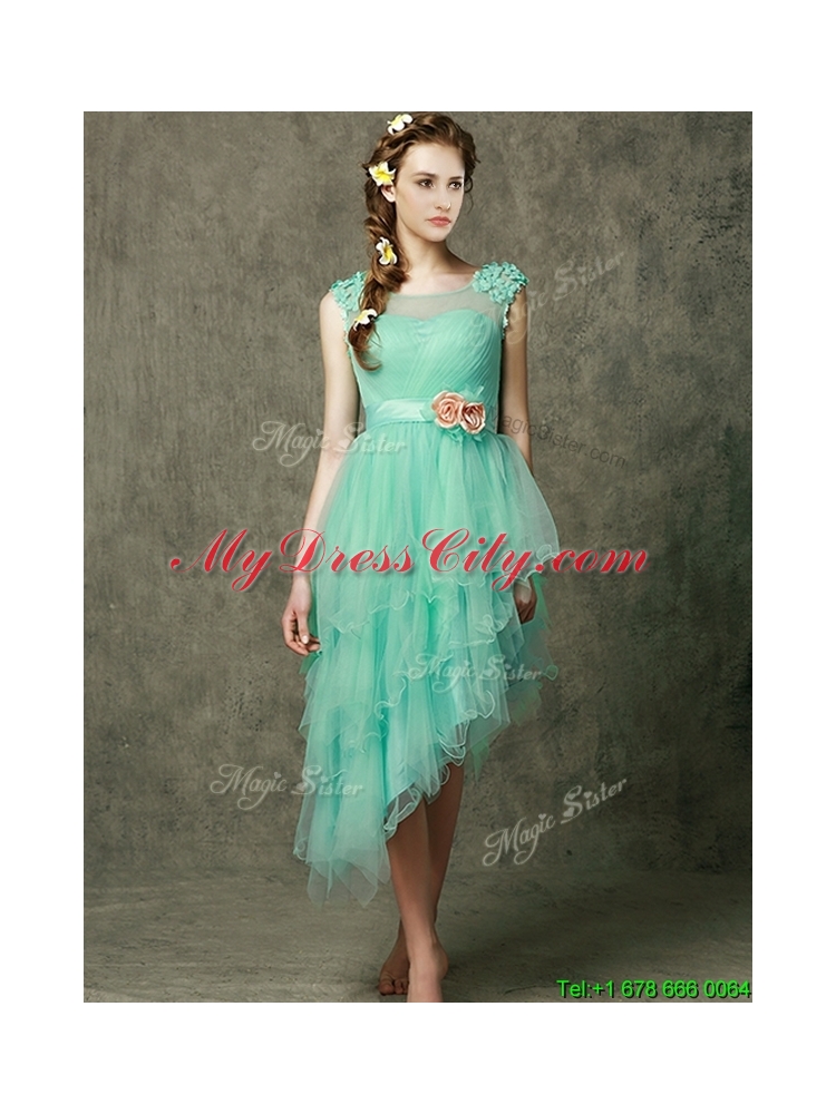 2016 Exclusive Hand Made Flowers Ankle Length Dama Dress in Apple Green