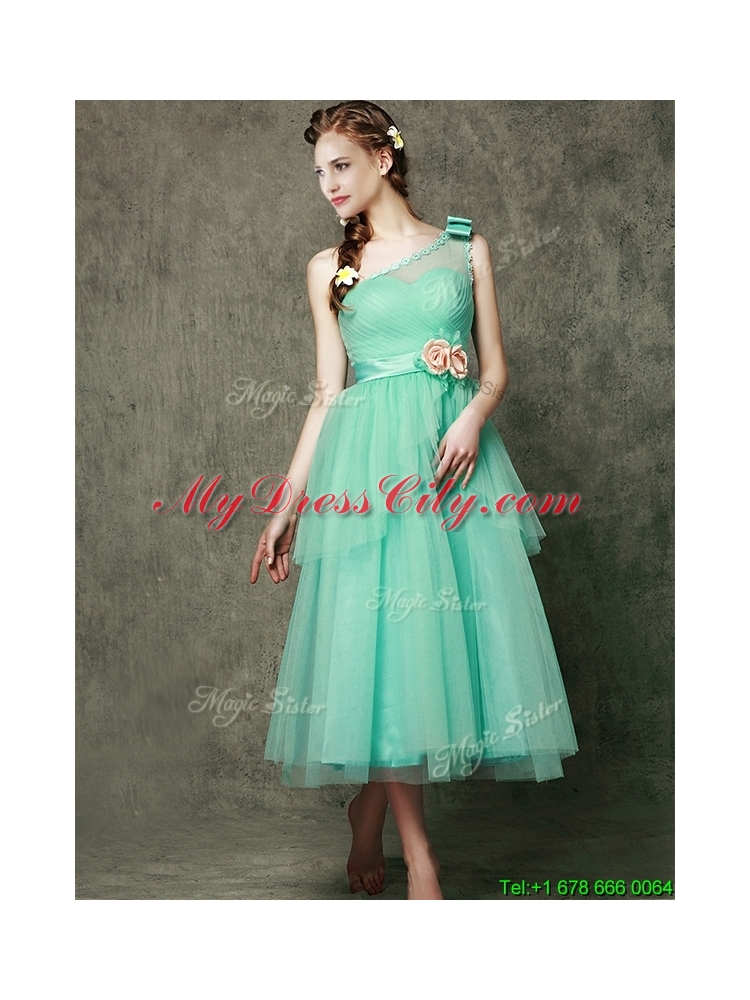 2016 Exclusive Hand Made Flowers Ankle Length Dama Dress in Apple Green