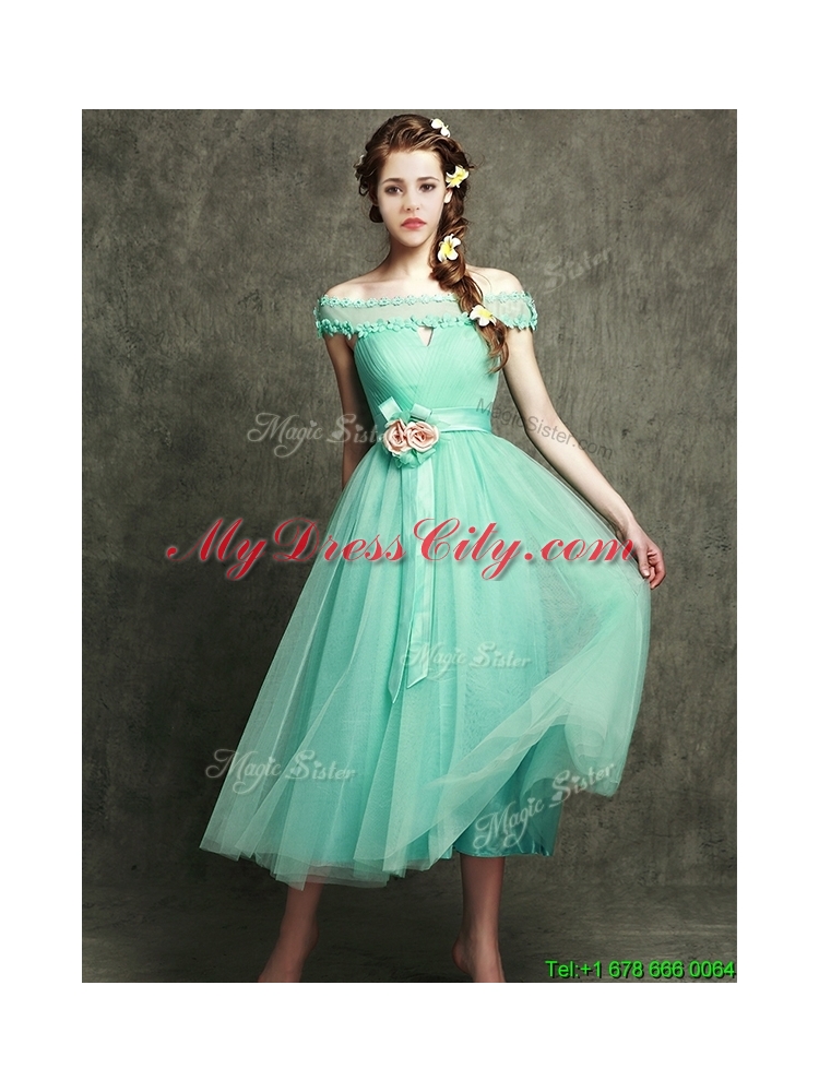 2016 Exclusive Hand Made Flowers Ankle Length Dama Dress in Apple Green