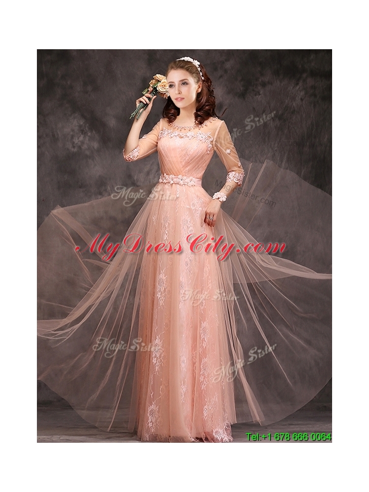 2016 Exclusive See Through Scoop Applique and Laced Bridesmaid Dress with Half Sleeves