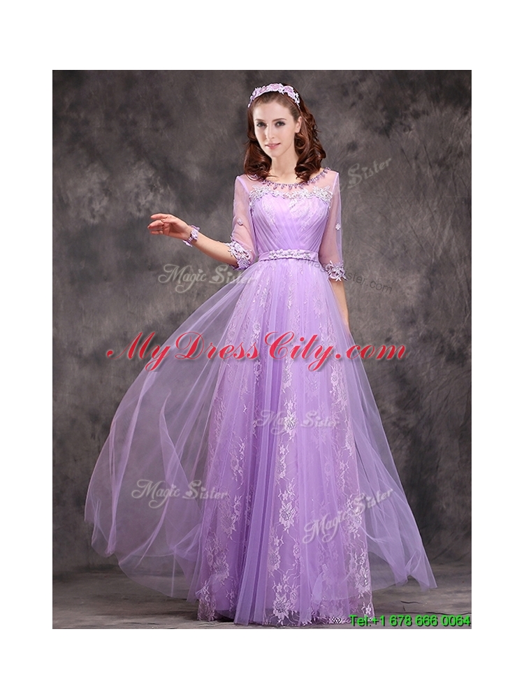 2016 Exclusive See Through Scoop Applique and Laced Bridesmaid Dress with Half Sleeves