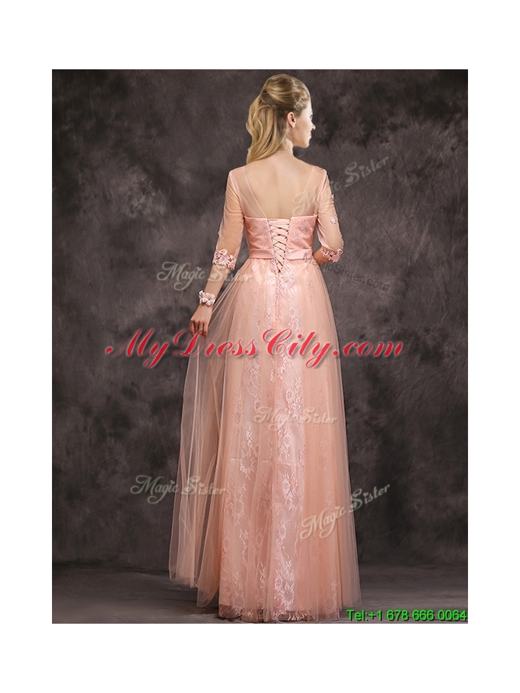 2016 Exclusive See Through Scoop Applique and Laced Bridesmaid Dress with Half Sleeves