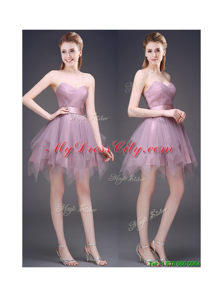 2016 Hot Sale Lavender Short Bridesmaid Dress with Ruffles and Belt