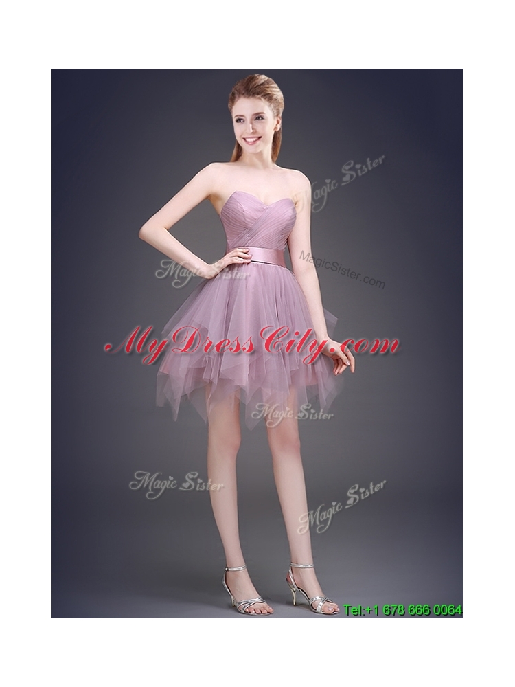 2016 Hot Sale Lavender Short Bridesmaid Dress with Ruffles and Belt