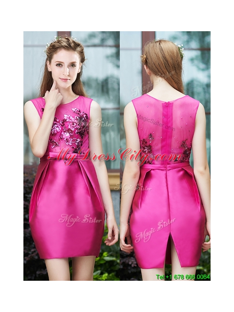 2016 Luxurious Column Scoop Applique Hot Pink Bridesmaid Dress in Satin