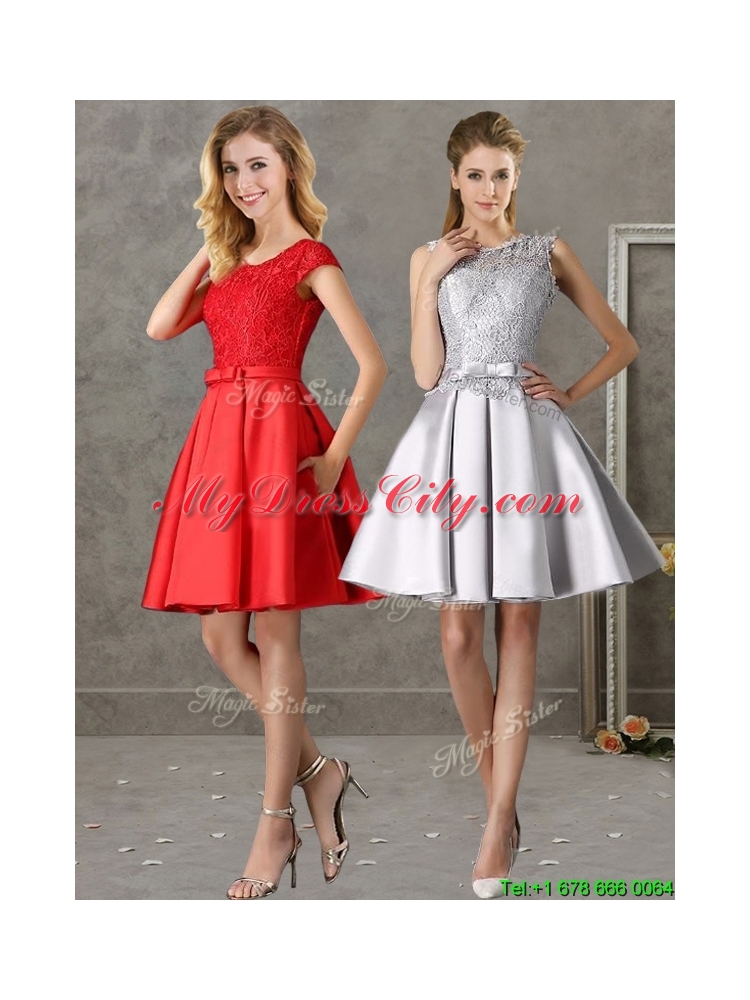 2016 Popular Scoop Cap Sleeves Bridesmaid Dress with Bowknot and Lace