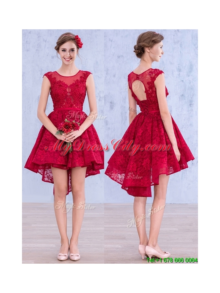 2016 See Through Scoop High Low Wine Red Dama Dress with Lace