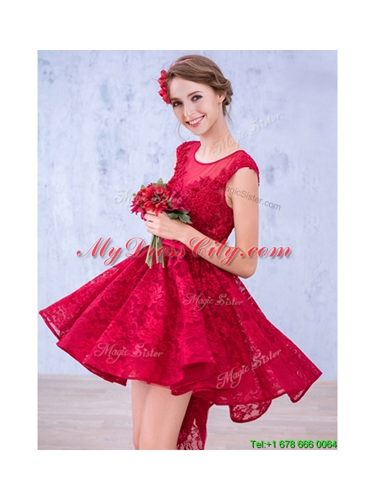 2016 See Through Scoop High Low Wine Red Dama Dress with Lace