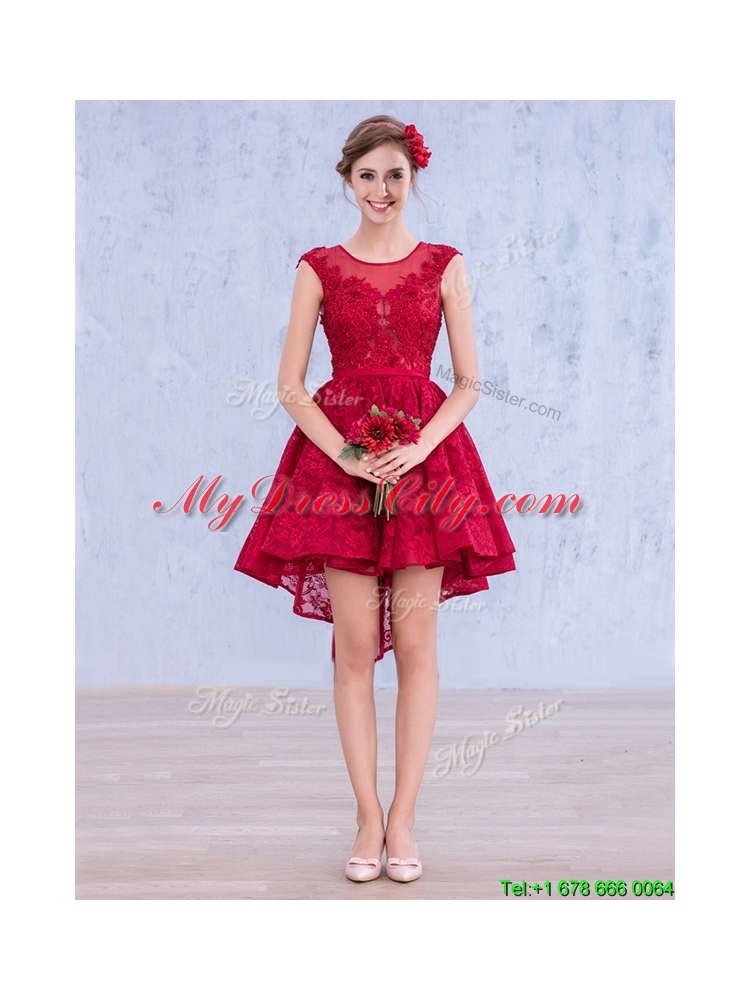 2016 See Through Scoop High Low Wine Red Dama Dress with Lace