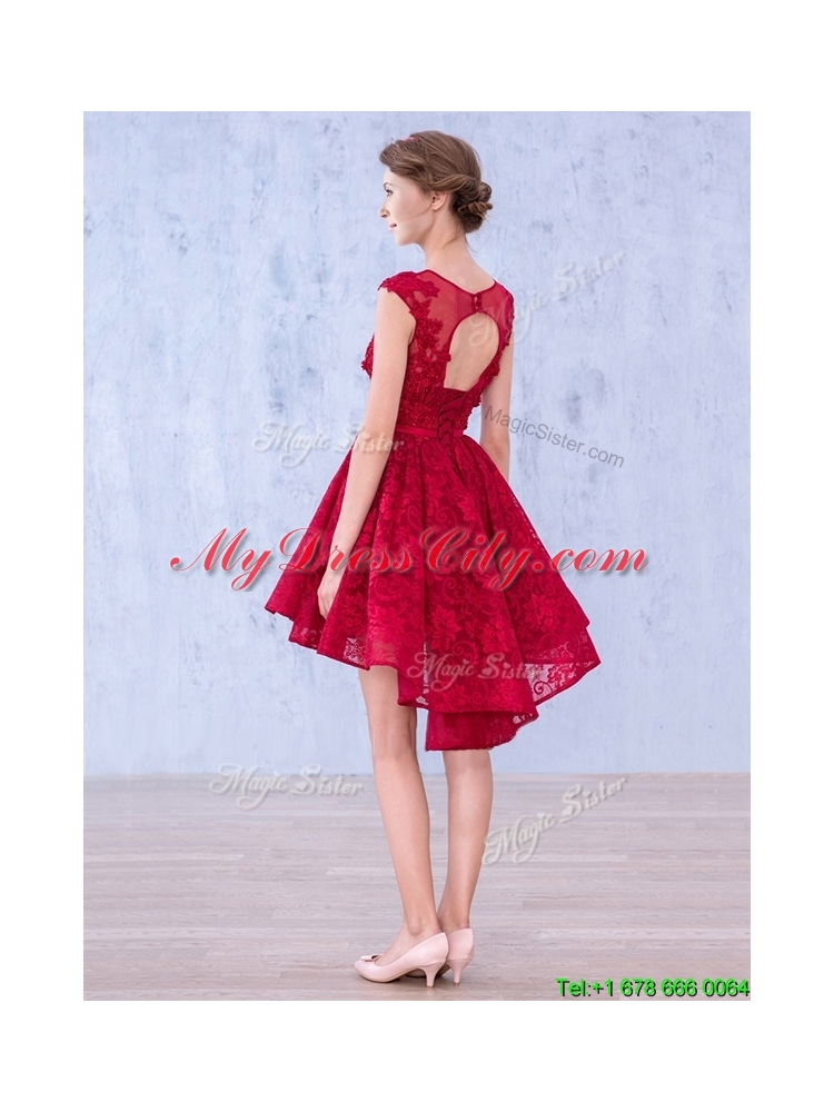 2016 See Through Scoop High Low Wine Red Dama Dress with Lace