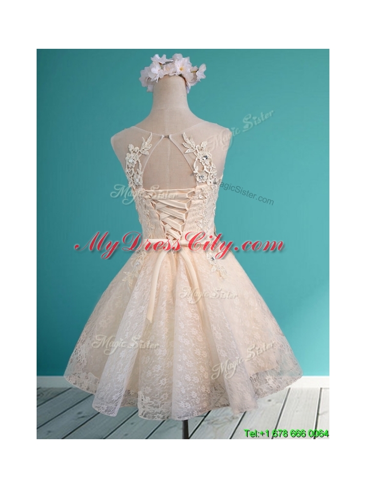 2016 See Through Scoop Short Bridesmaid Dress with Beading and Appliques