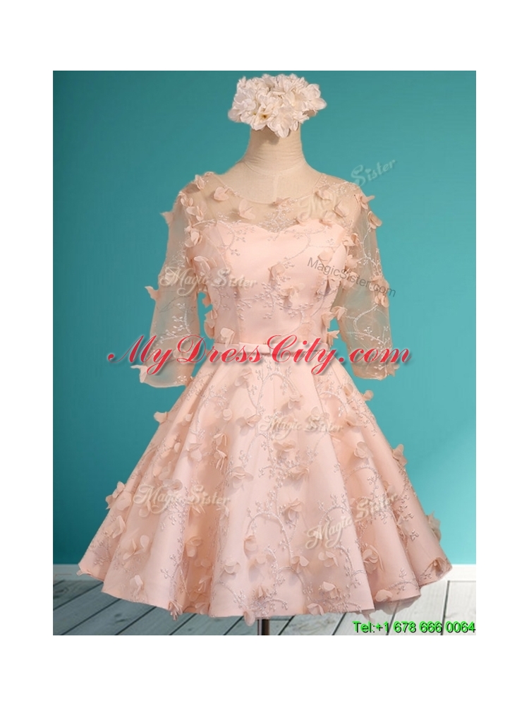 2016 Wonderful Applique and Belted Scoop Short Bridesmaid Dress in Peach